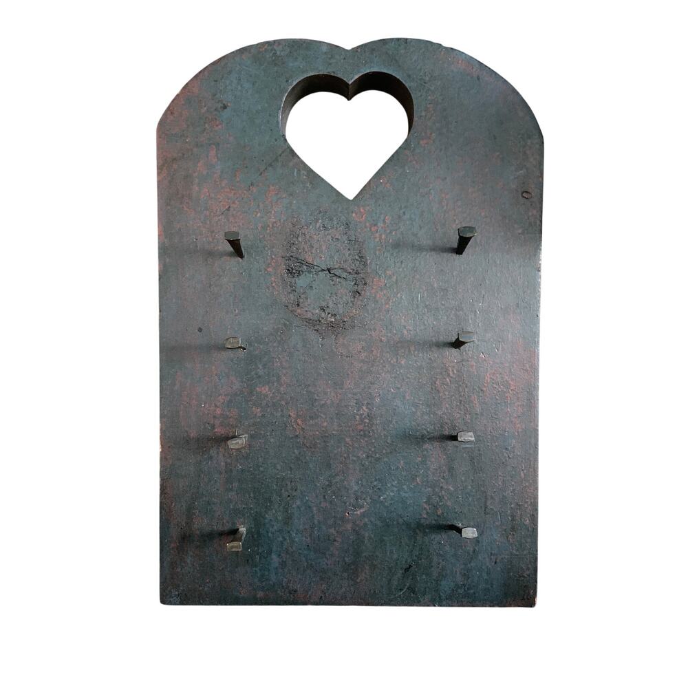 Vintage Wooden Heart Cutout Key Holder Black Red Undertone Rustic Farmhouse Prim